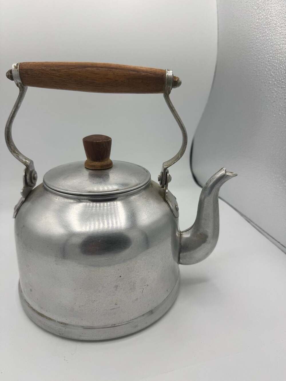 Vintage Aluminum Tea Kettle Teapot Wood Handle Taiwan